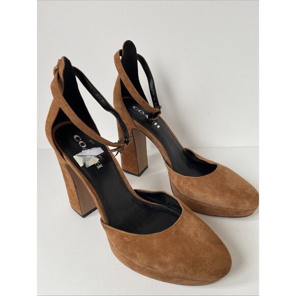 Coach Women’s Suede Block Heel Pumps Brown Size 10 Elegant Designer Shoe - Picture 8 of 15